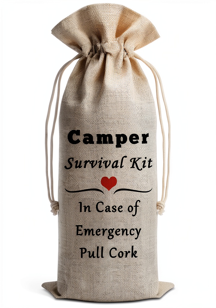 Mikela Wine Bag showcasing drawstring closure and shoulder strap in a camping setting