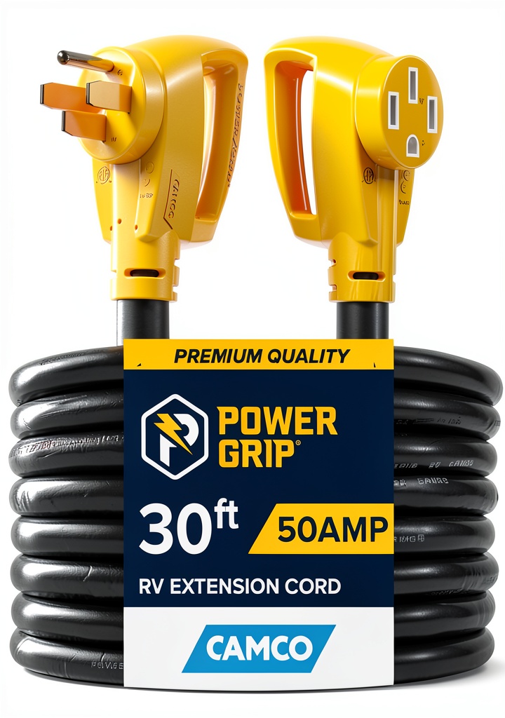 Camco Power Grip 50-amp RV extension cord being used at a campsite with an RV and an EV charging setup