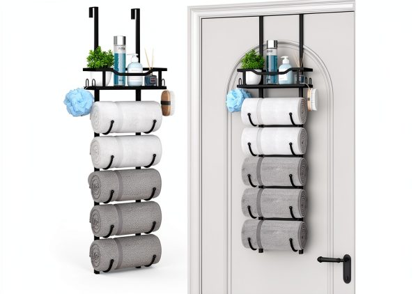 SWTYMIKI Metal Towel Rack Door Wall Mount 6 Tier Black-8