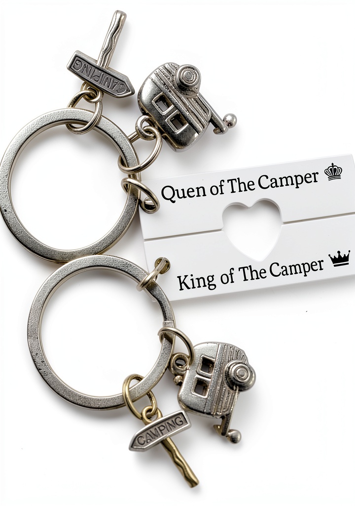 Camper keychain set showing Queen and King titles with heart-shaped cutouts