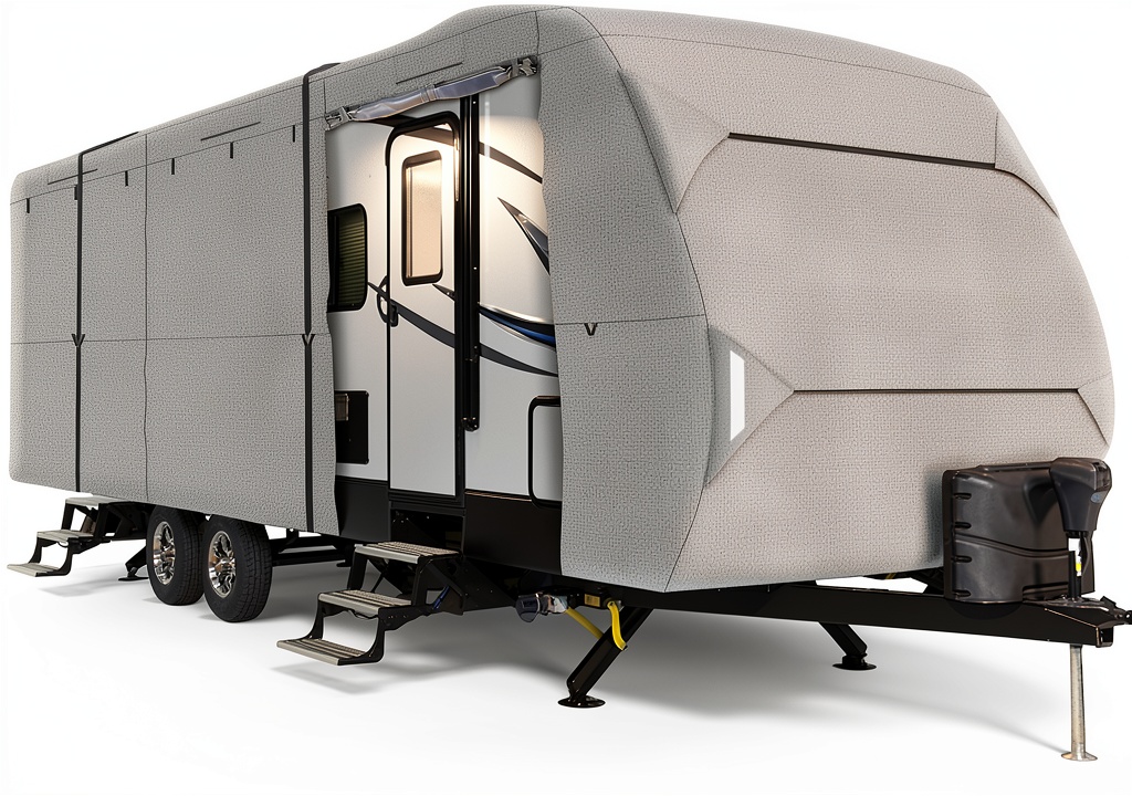 Leader Accessories Travel Trailer Cover installed on an RV