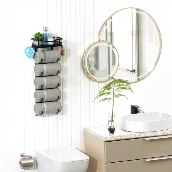 SWTYMIKI Metal Towel Rack Door Wall Mount 6 Tier Black-3