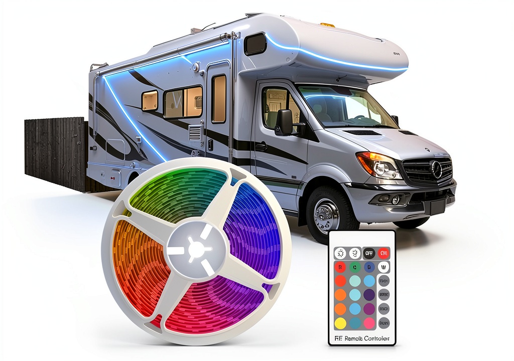 CCBASEBALL RV LED strip light illuminating an RV awning