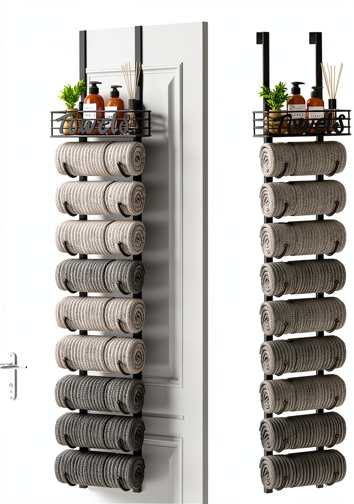 SWTYMIKI towel rack installed on a bathroom door with towels organized