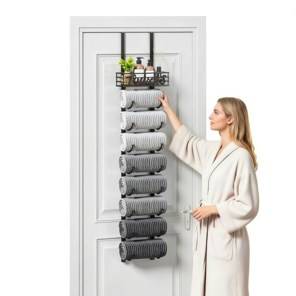 SWTYMIKI Towel Rack Metal Door Mount Bathroom Storage-1