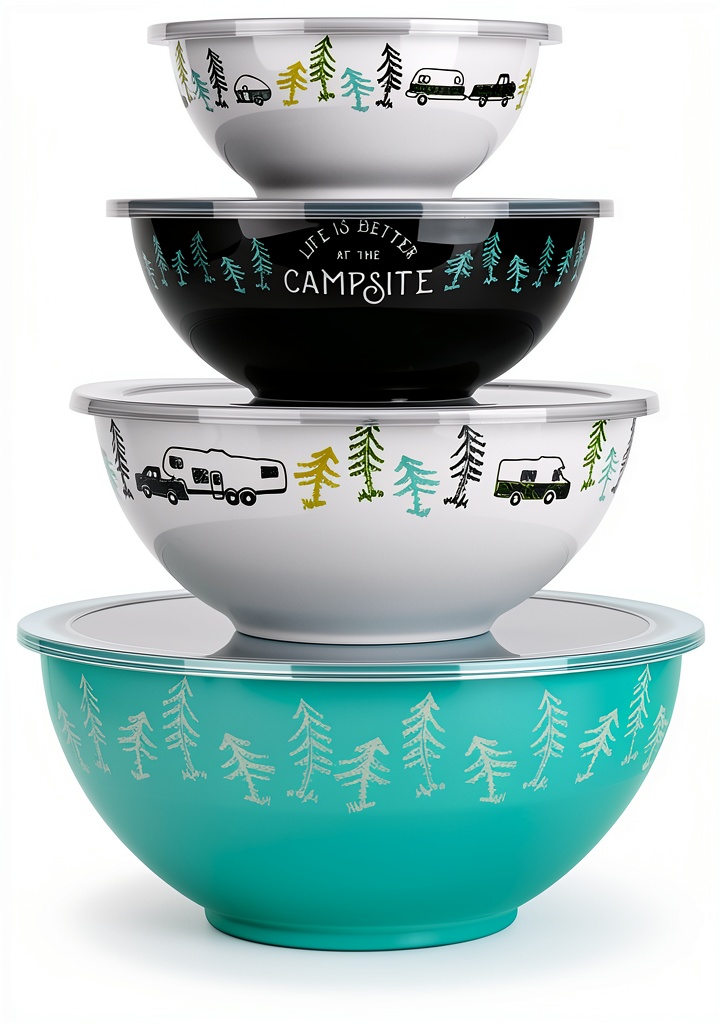 Camco nesting bowl set displayed with lids in outdoor setting